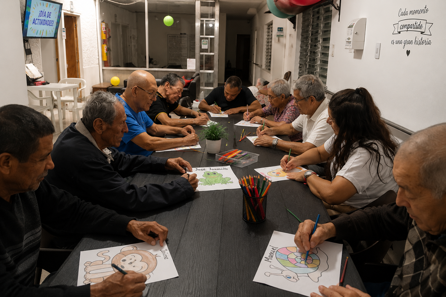 Adultos mayores compartiendo actividades durante el Centro Día de la Cooperativa Sonríe a la Vida