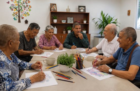 Adultos mayores compartiendo en la Cooperativa Sonríe a la Vida en Medellín